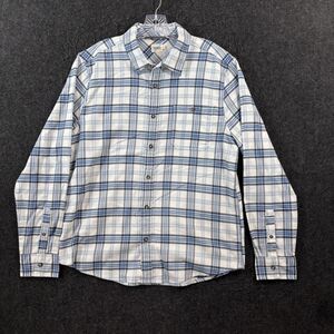 Fair Harbor Seaside Flannel Shirt Men's Large Blue Plaid Organic Cotton Stretch
